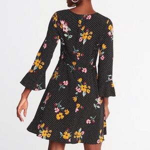 Black Floral/Polka Dot Dress with Flared Sleeves